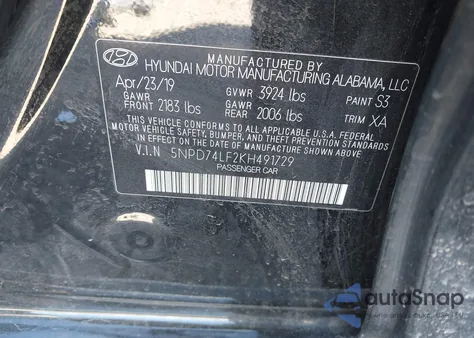 2019 Hyundai Elantra Se z USA, uszkodzony, nr VIN 5NPD74LF2KH491729